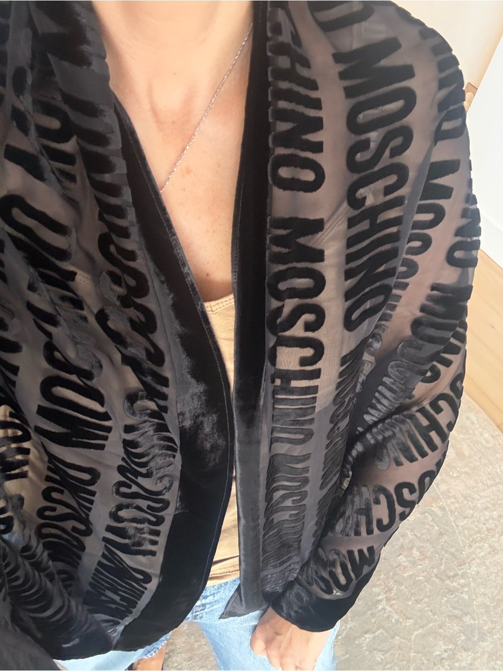 Moschino Black Logo Velvet Wrap Scarf
